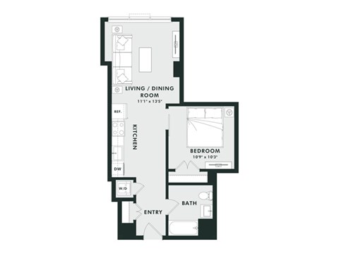 A floor plan of a small apartment with a living room, kitchen, bathroom, and two bedrooms.